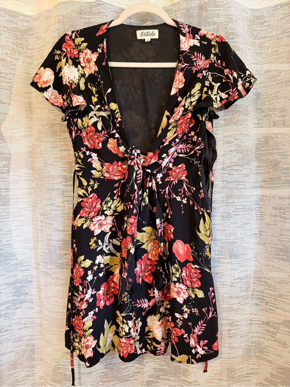 Listicle Black Floral Tie-Front Mini Dress with Pink & Green Blooms